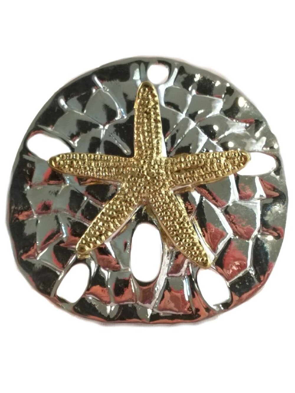 Silver and Gold Sand Dollar & Starfish Lapel Pin Brooch  w Necklace Loop